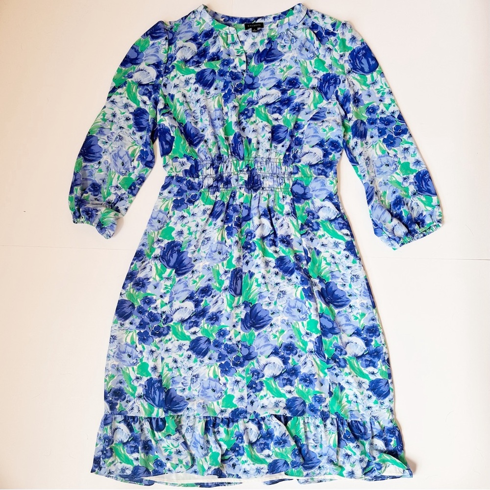 Talbots Watercolor Blue Green Floral Lined Midi Dress w/ Sleeves | Size 6